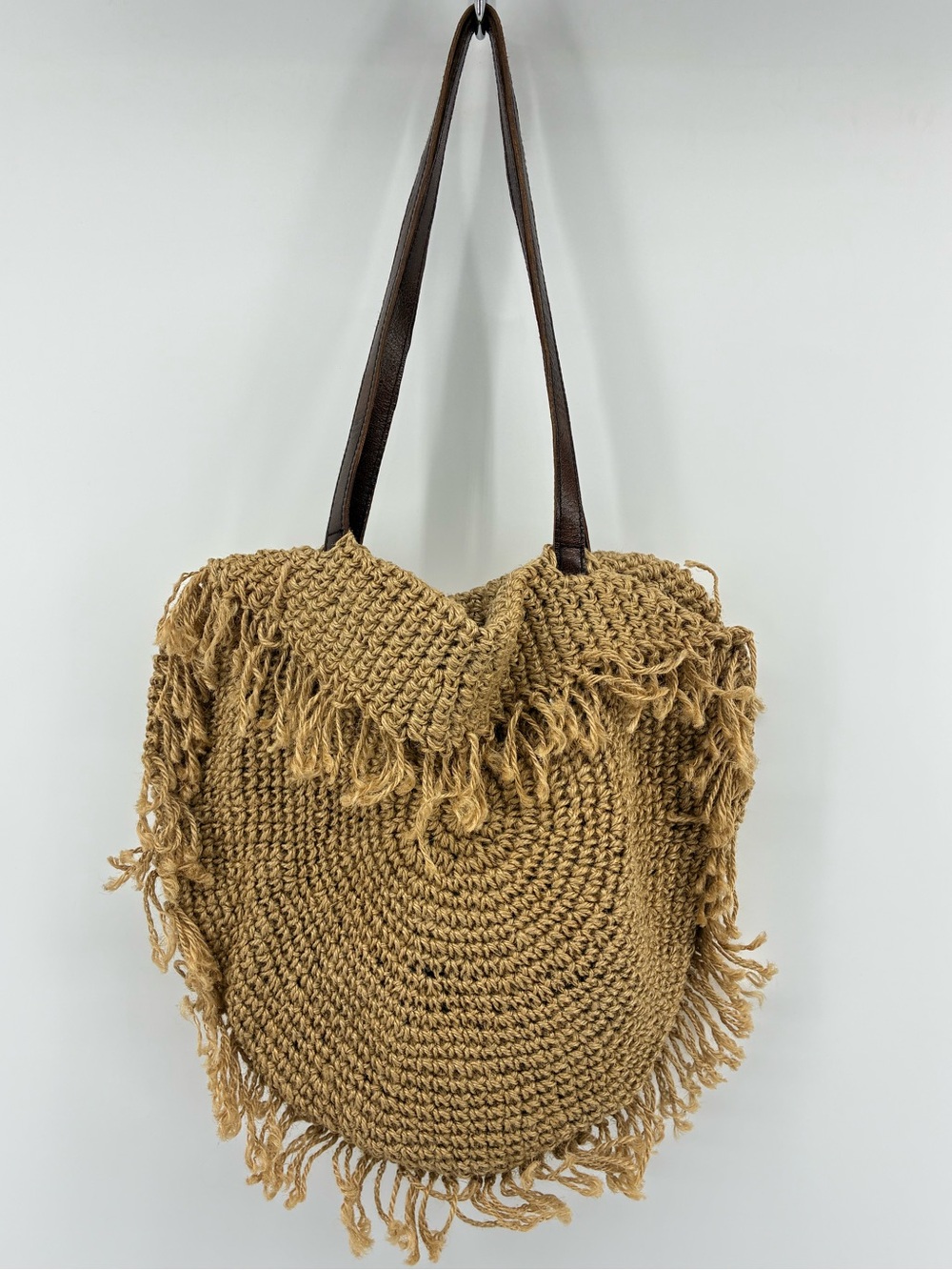 Jute Woven Fringe Tote Bag in Tan with Leather Brown Straps